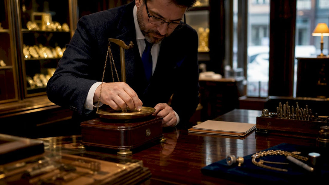 Man weighing gold ring in Kent jewellery shop