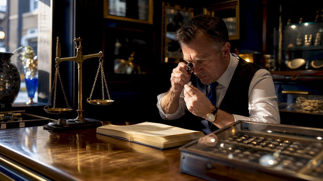 Pawnbroker examining a gold ring up close