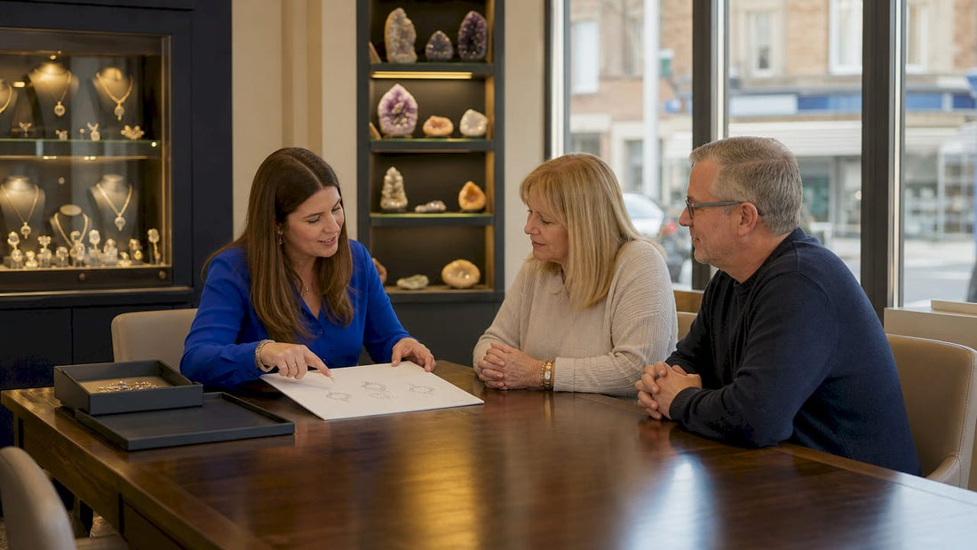 Jeweller consulting couple on custom design