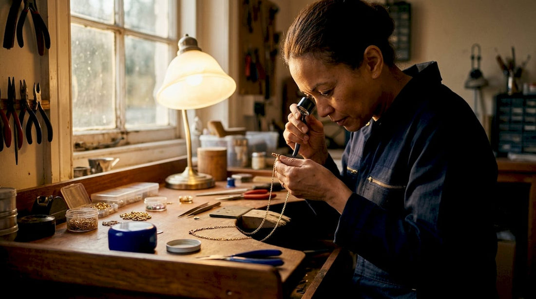 Jeweller examining broken gold chain in Kent workshop