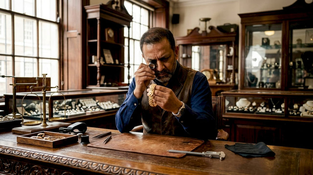 Pawnbroker inspecting gold necklace