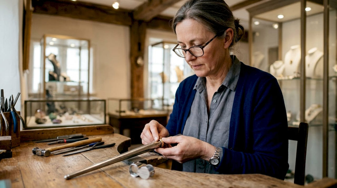 Jeweller resizing gold ring in workshop