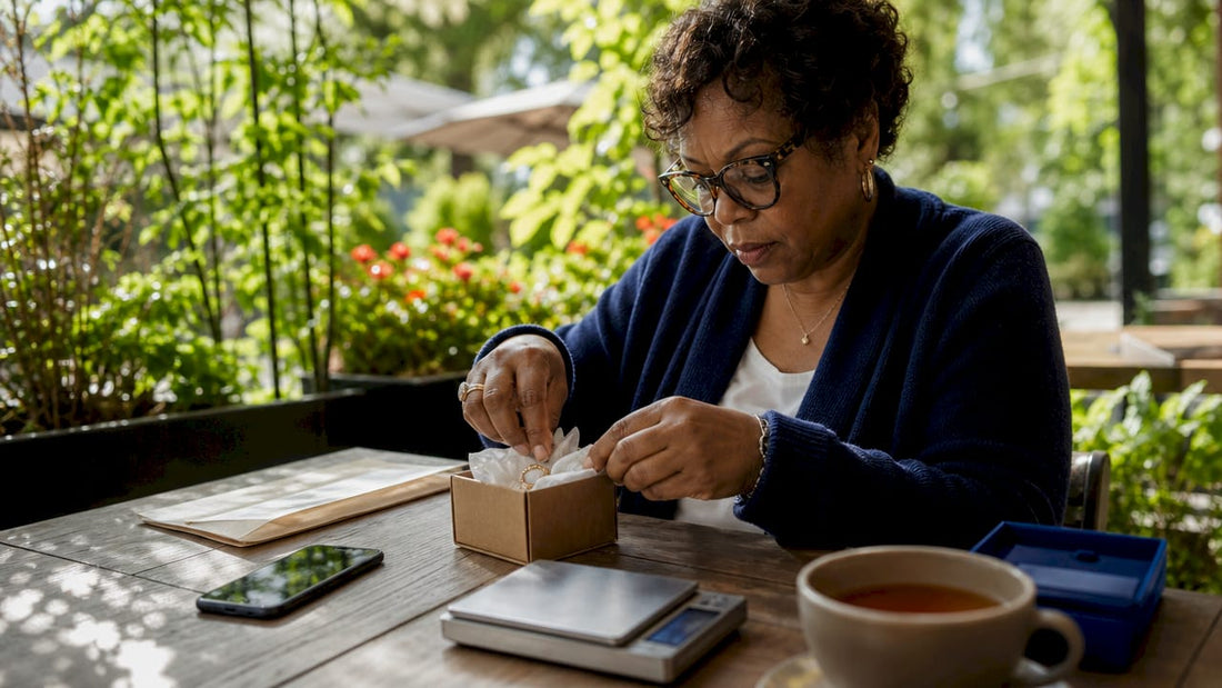 Woman packing gold and diamond jewellery for mailing