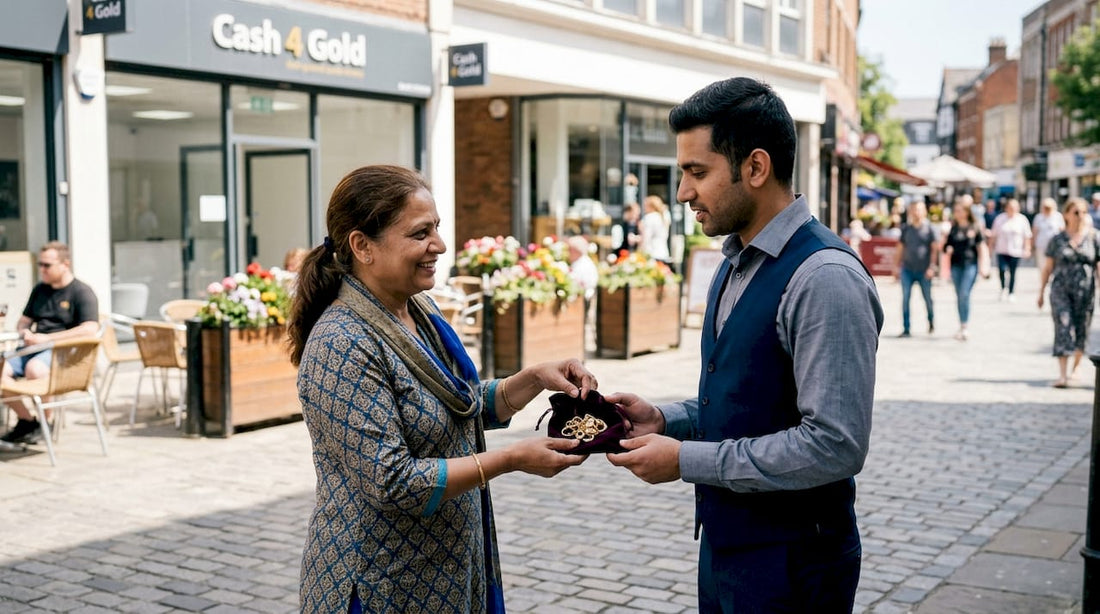 Woman handing gold jewellery to shop attendant