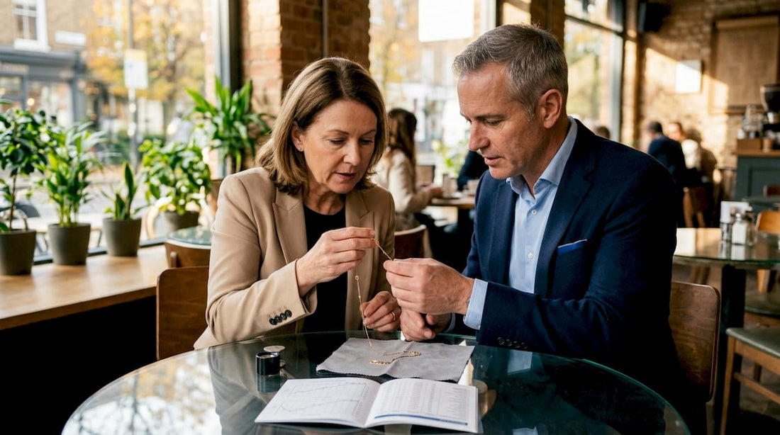 Customer and pawnbroker examining gold necklace