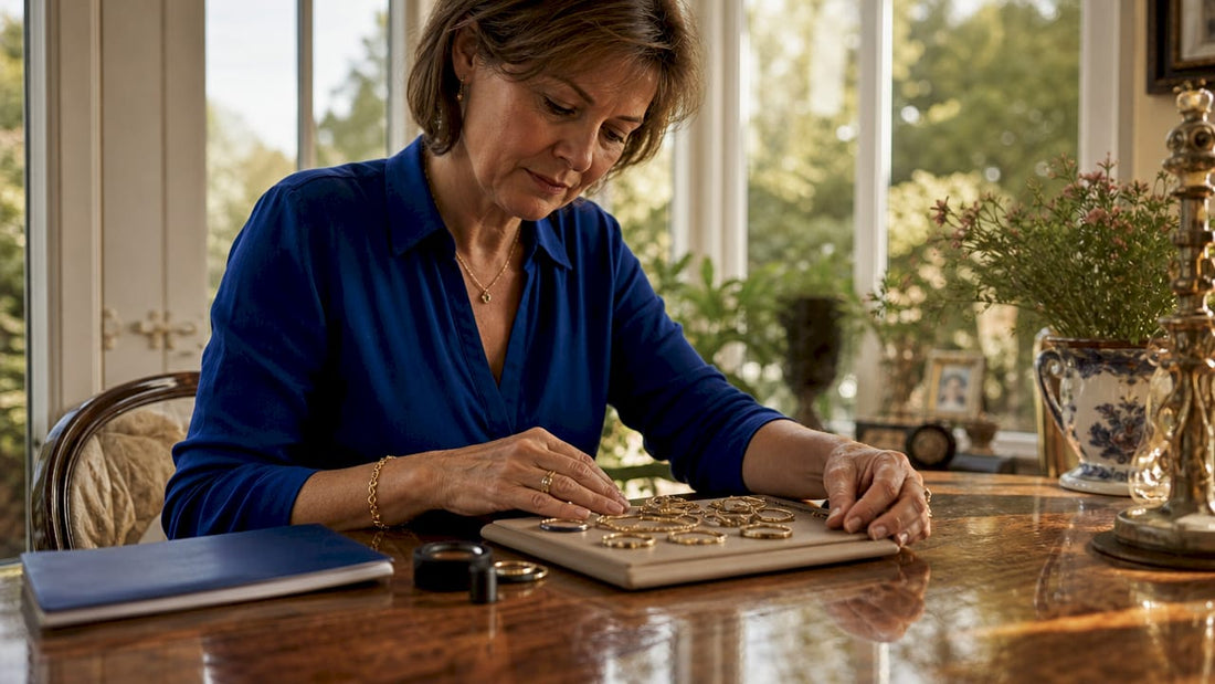 Woman inspecting gold jewellery at home table