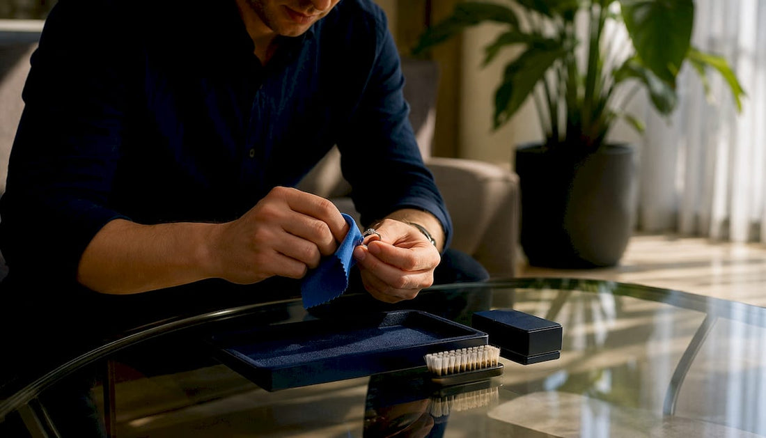 Person polishing white gold ring at home