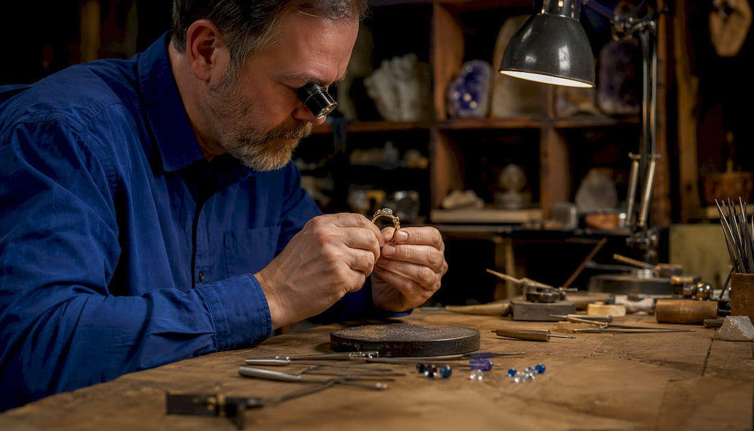 Jeweller inspecting ring at high street shop
