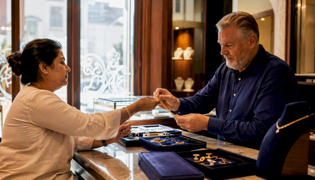 Customer handing necklace to jeweller