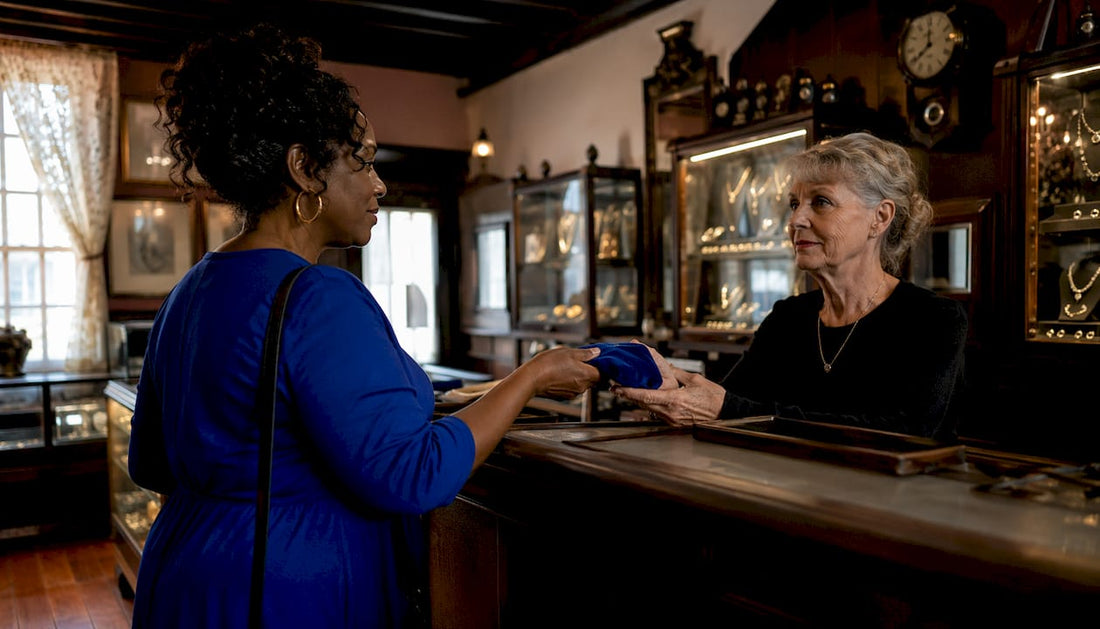 Customer handing jewellery to pawnbroker in shop