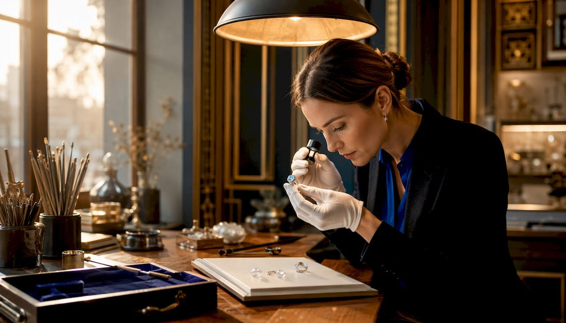 Jewellery designer examining inherited ring in workshop