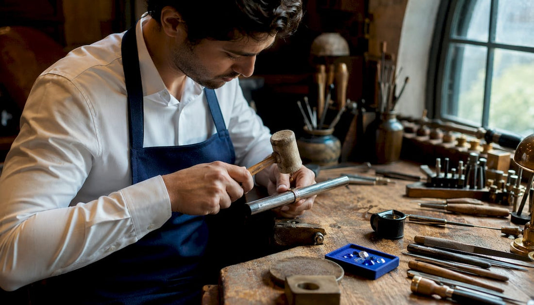 Jeweller adjusting bent ring on mandrel