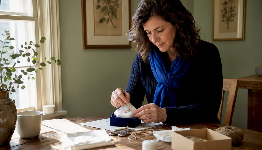 Person packing jewellery for mail-in repair
