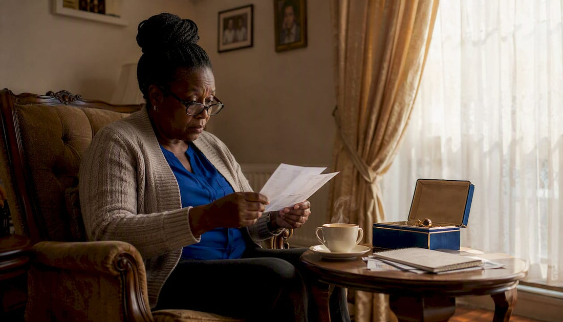 Woman reviewing pawn loan documents at home