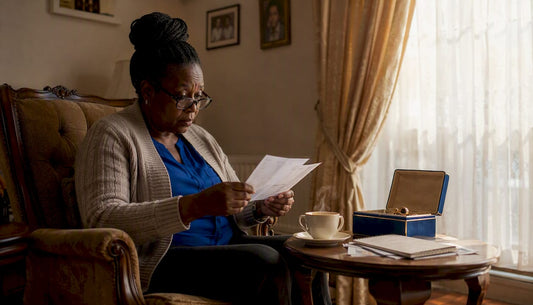 Woman reviewing pawn loan documents at home