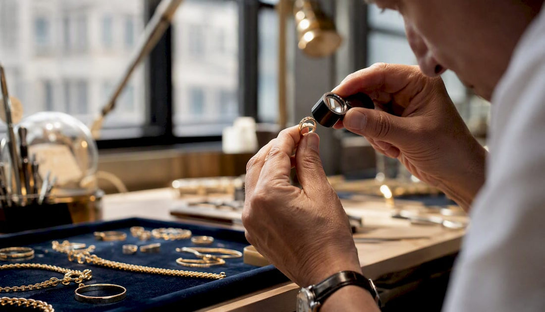 Jeweller inspecting hallmark on gold ring