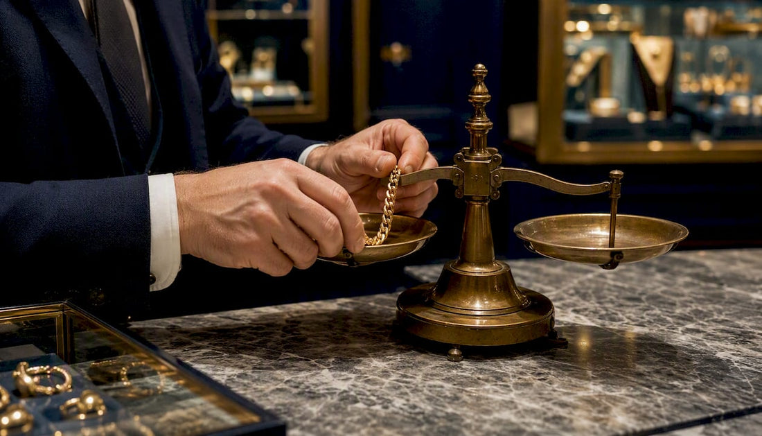 Hands weighing gold bracelet on scale