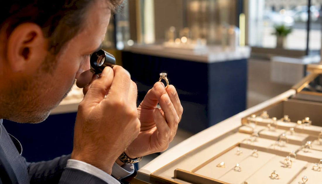 Close-up jeweller inspecting engagement ring