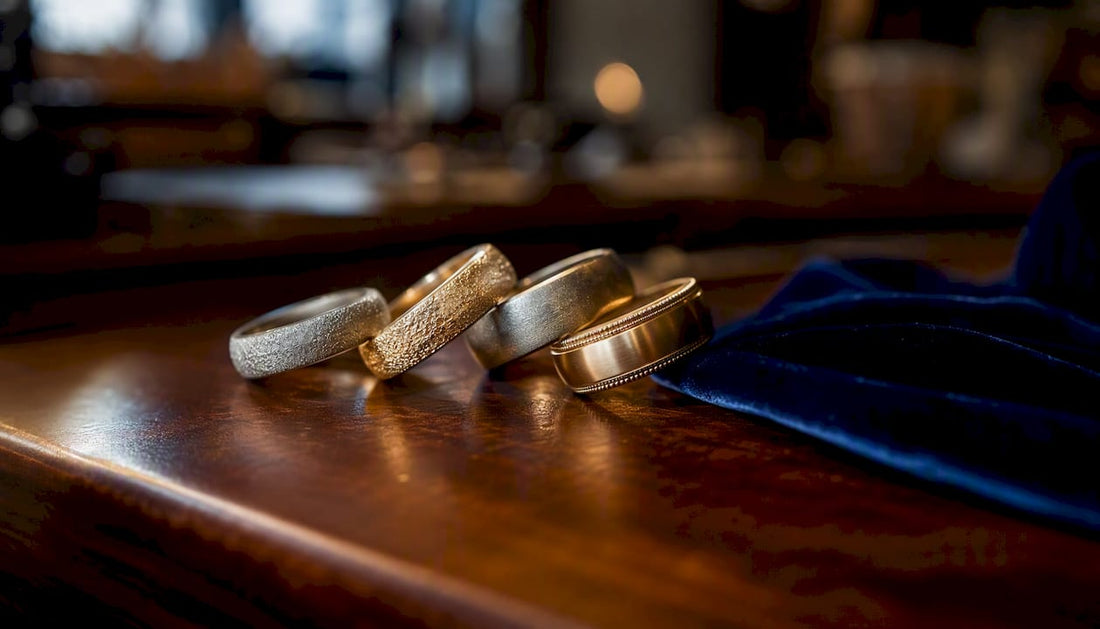 Close-up of wedding rings showing finish types