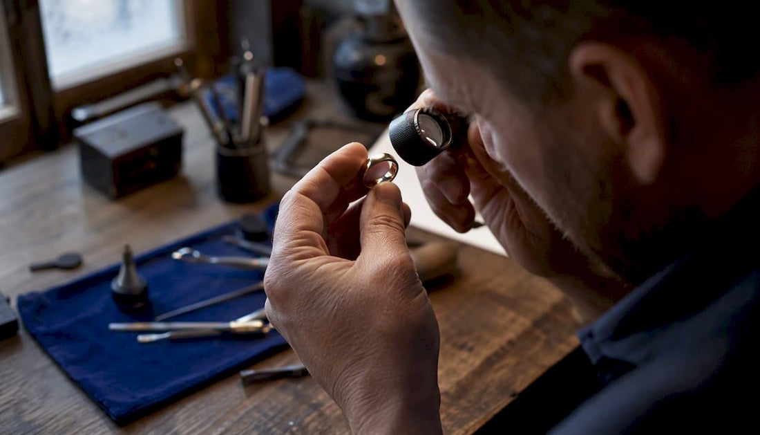 Close-up of gold ring hallmark inspection