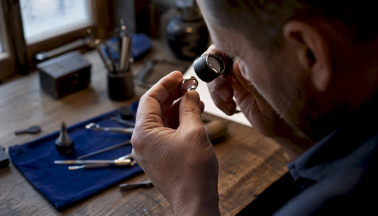 Close-up of gold ring hallmark inspection