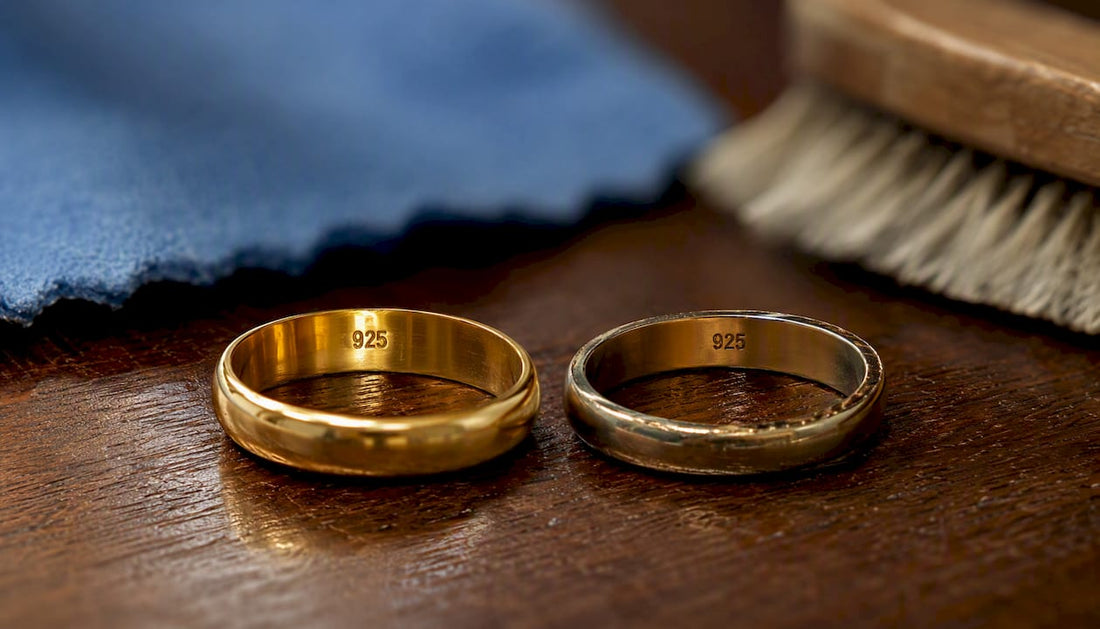 Close-up of gold vermeil and gold plated rings