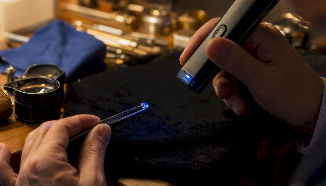 Jeweller inspecting diamond glowing blue under UV light