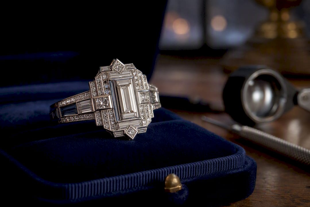 Close-up of Art Deco geometric diamond jewellery