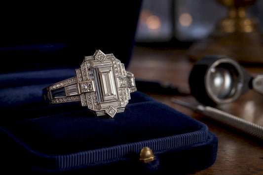 Close-up of Art Deco geometric diamond jewellery