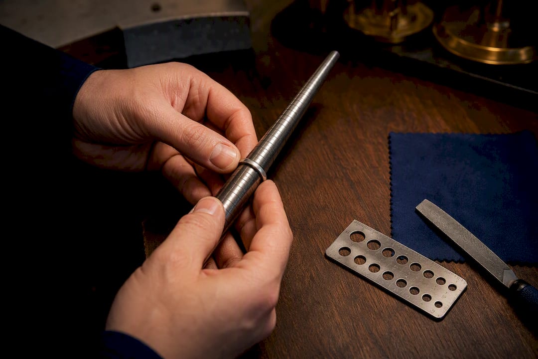 Jeweller checking ring size on mandrel