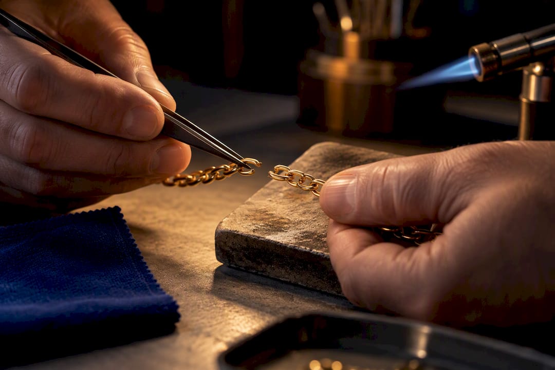 Jeweller soldering a broken gold chain