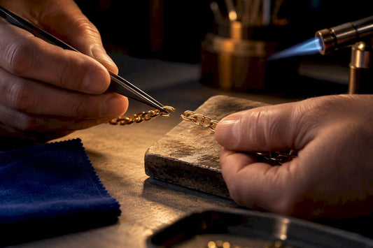 Jeweller soldering a broken gold chain