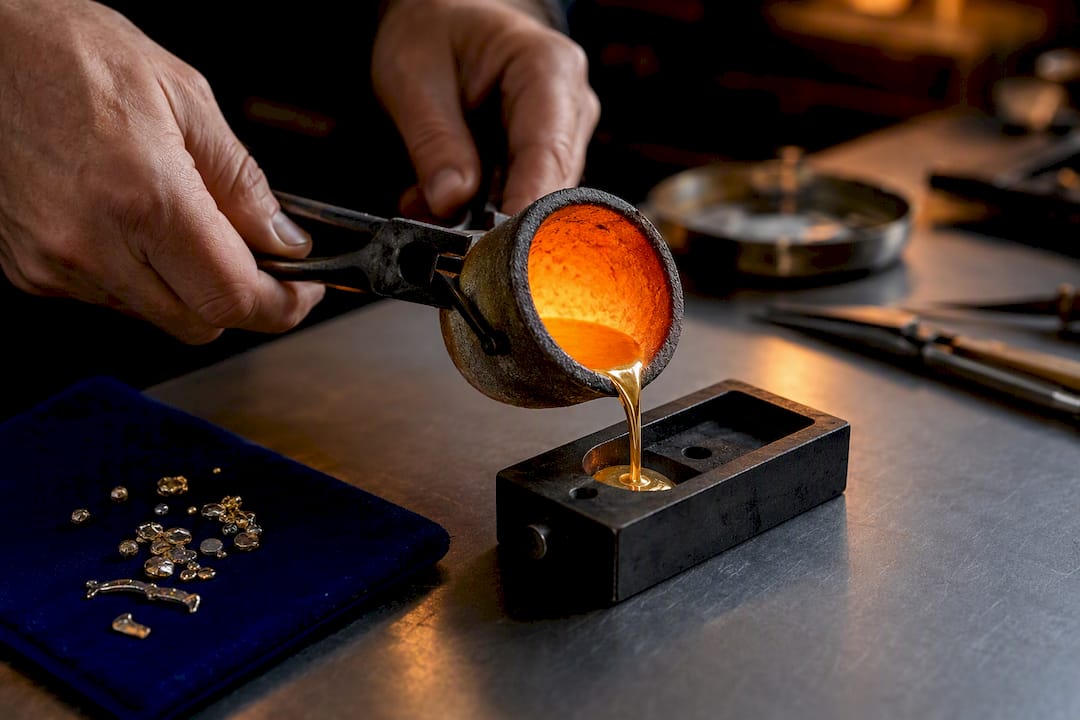 Jeweller pouring molten metal into casting mould