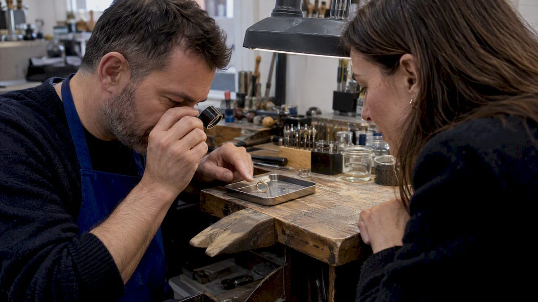 Jeweller and client inspecting hallmarked ring