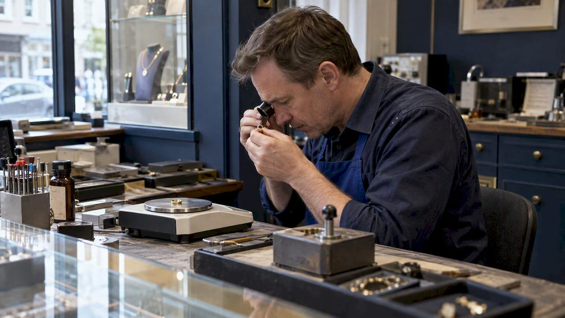 Jeweller assessing 9ct gold ring value