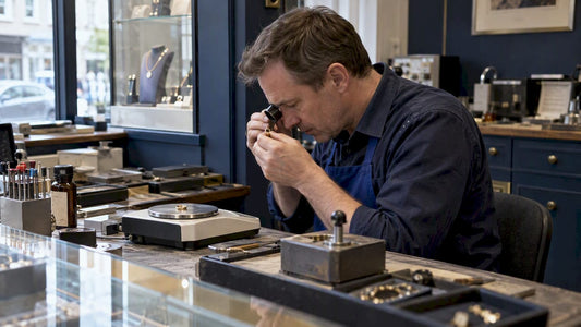 Jeweller assessing 9ct gold ring value