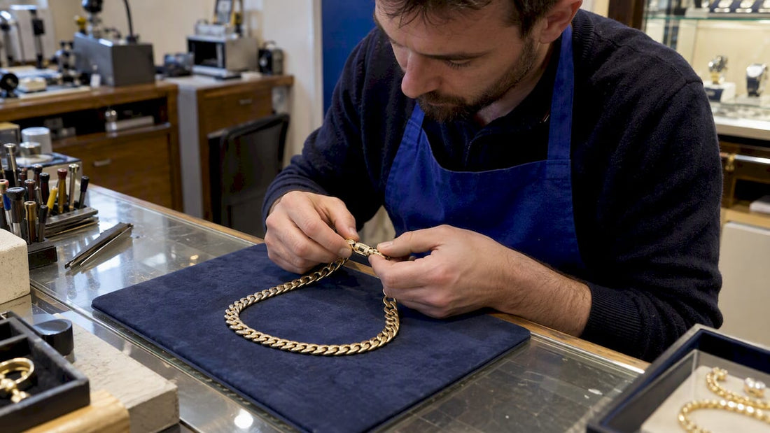 Jeweller inspecting a Cuban-link chain clasp
