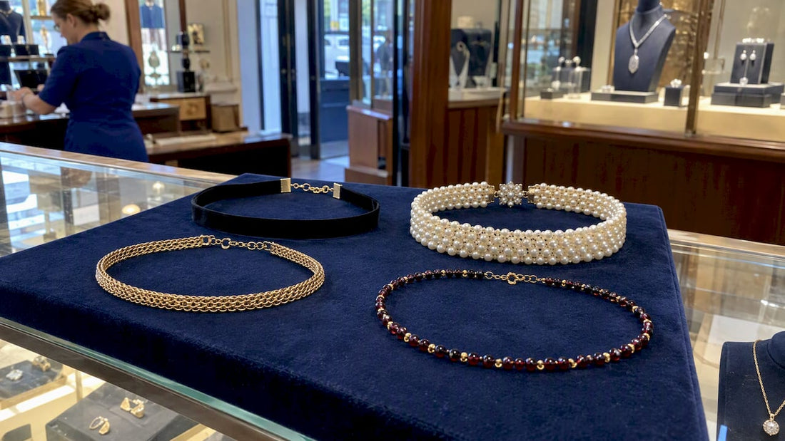 Choker necklaces displayed in a Kent jeweller’s shop