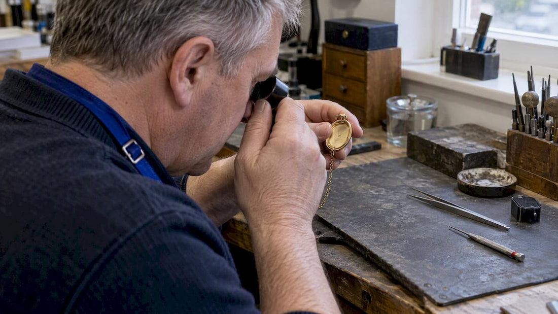 Jeweller inspecting a gold hallmark under magnification