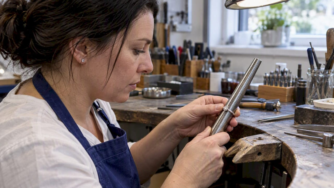 Jeweller checks a gem-set ring before resizing