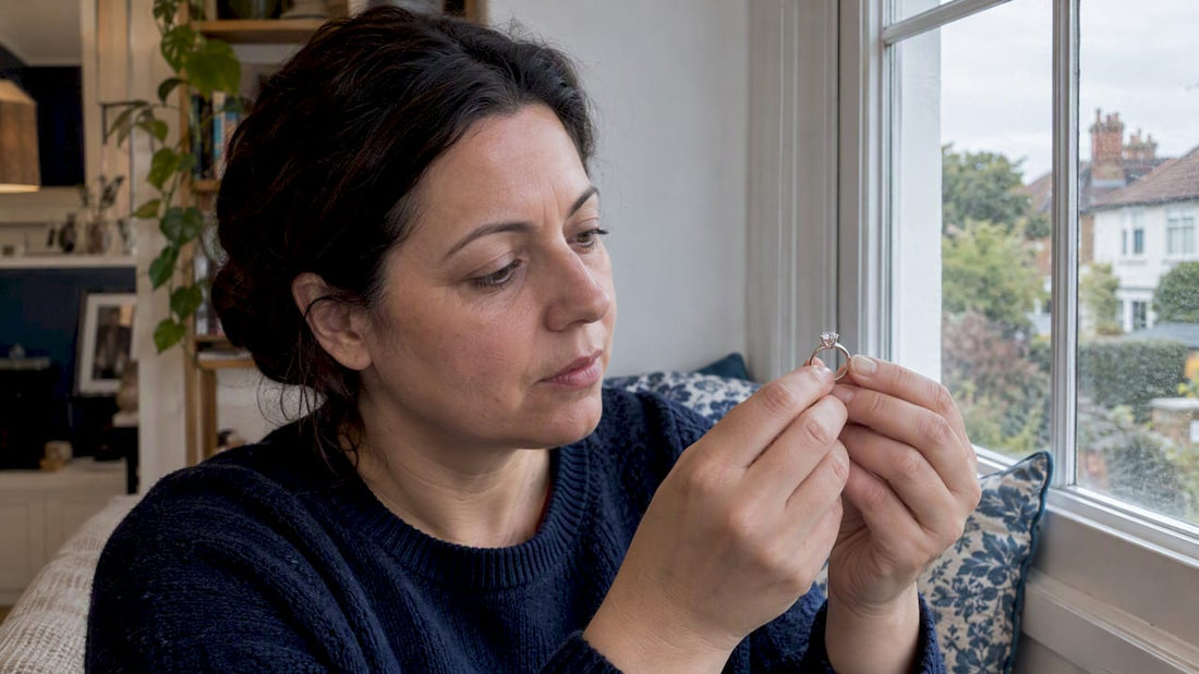 Woman checking the setting on her diamond ring