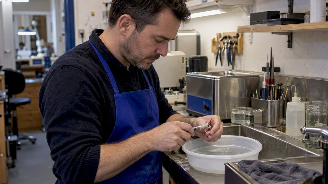 Jeweller carefully brushing a ring clean