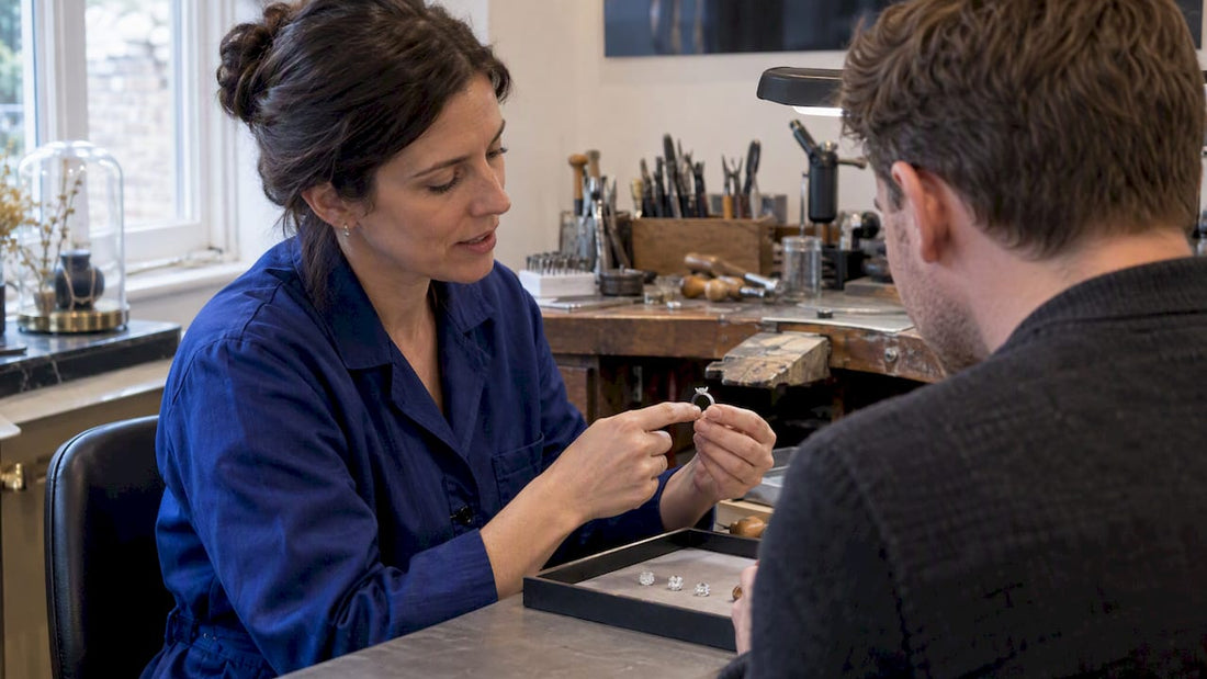 Jeweller and customer discussing a bespoke ring