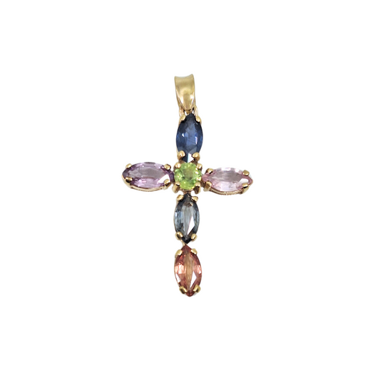 9ct Yellow Gold Multi Gemstone Cross Pendant