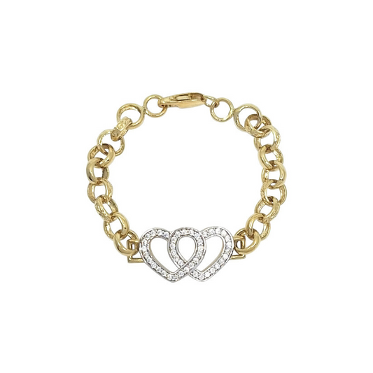 9ct Yellow Gold Child's Belcher Heart CZ Bracelet 6"