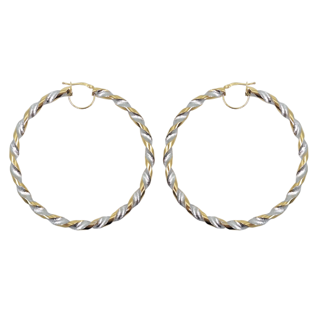 9ct Yellow & White Gold Large Twist Hoop Earrings