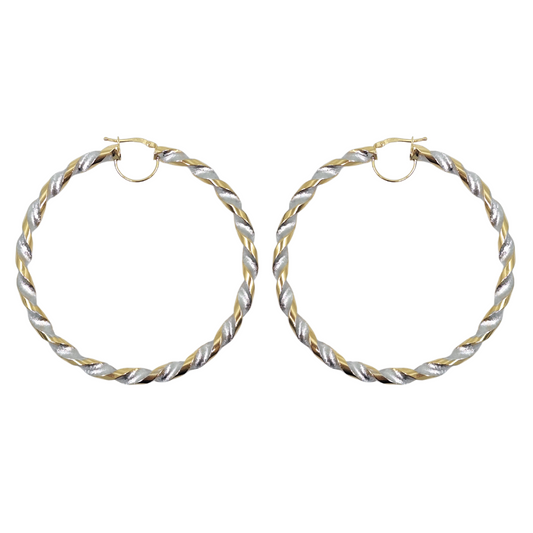 9ct Yellow & White Gold Large Twist Hoop Earrings