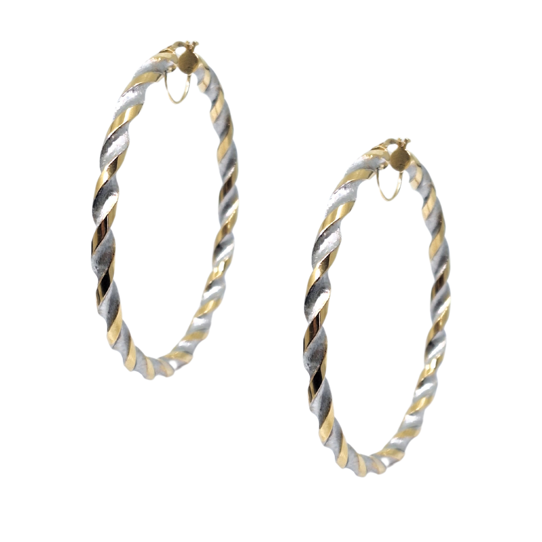 9ct Yellow & White Gold Large Twist Hoop Earrings