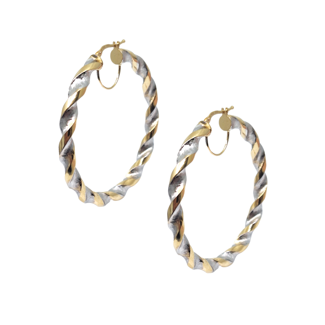 9ct Yellow & White Gold Medium Twist Hoop Earrings