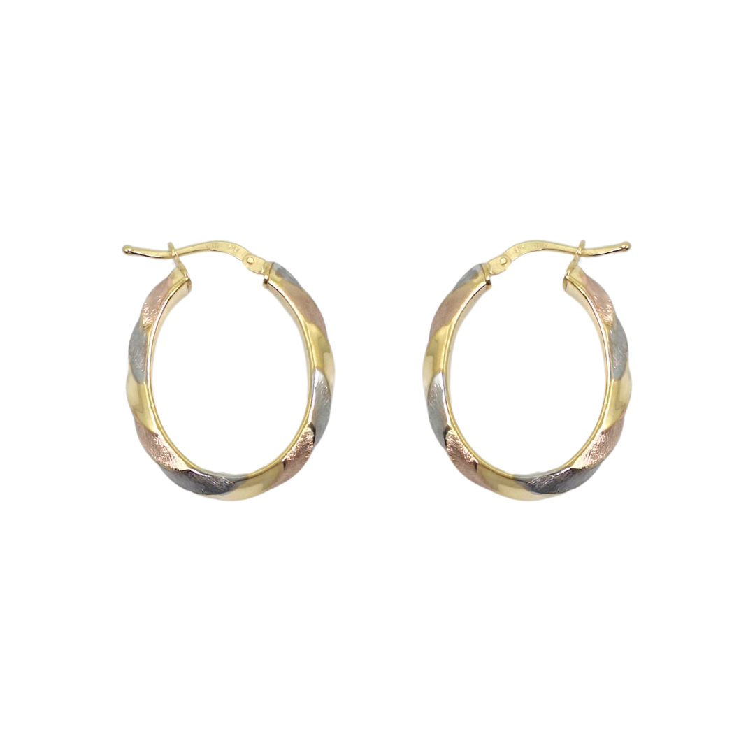 9ct Yellow, White & Rose Gold Oval Hoop Earrings